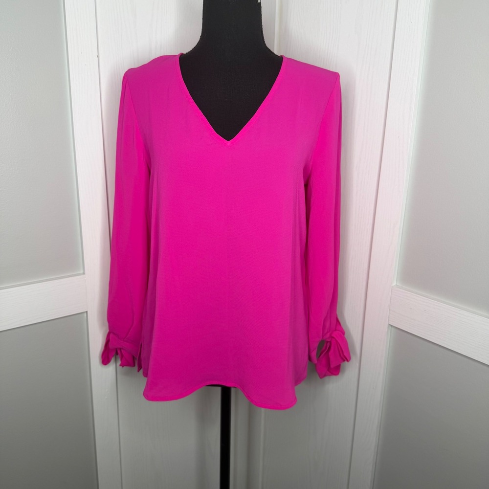 CeCe V-Neck Blouse Women XS Pink Long Sleeve Tie Cuff Crepe Top